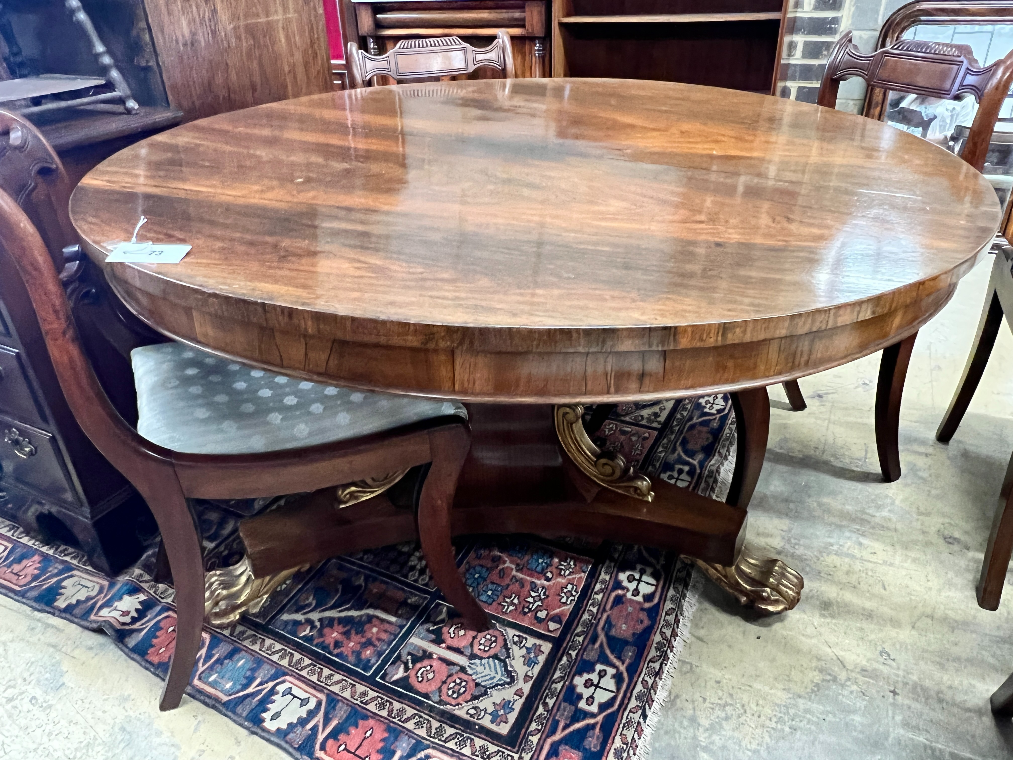 A Regency and later circular parcel gilt rosewood breakfast table (no bolts), diameter 122cm, height 73cm